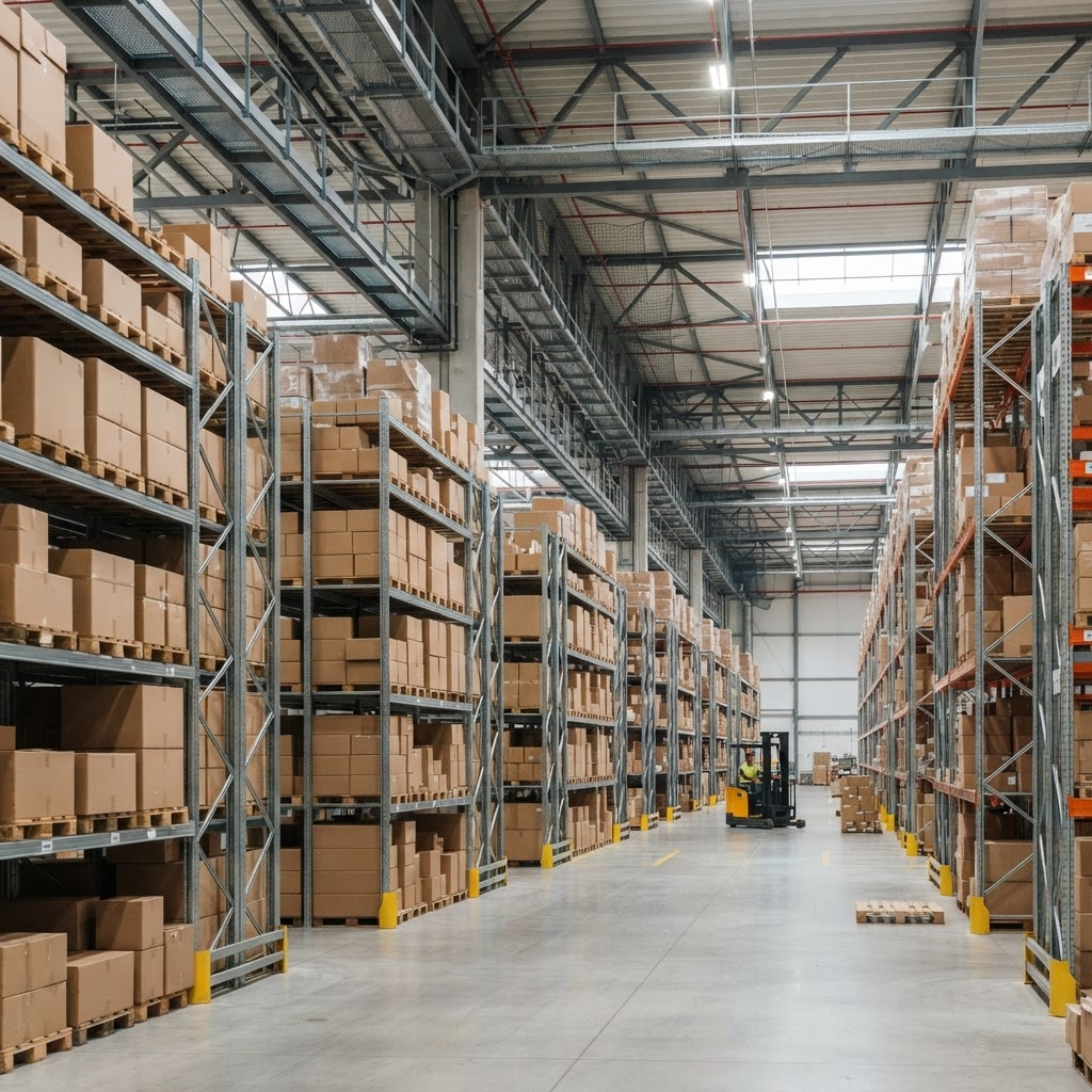 Interior de um centro de distribuição com prateleiras metálicas organizadas